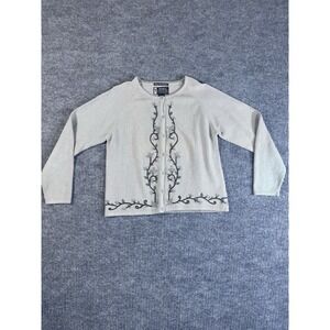 Y2K‎ vintage Eddie Bauer Cardigan Sweater M Gray Floral Embroidered 100% Cotton